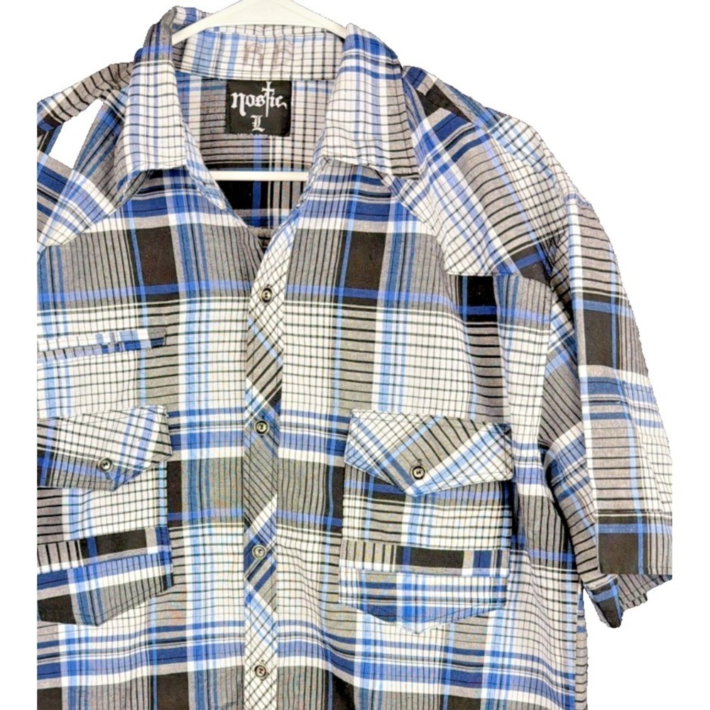 Nostic Premium Shirt Men‎ Large Blue Black Plaid Western Pearl Snap Casual Short